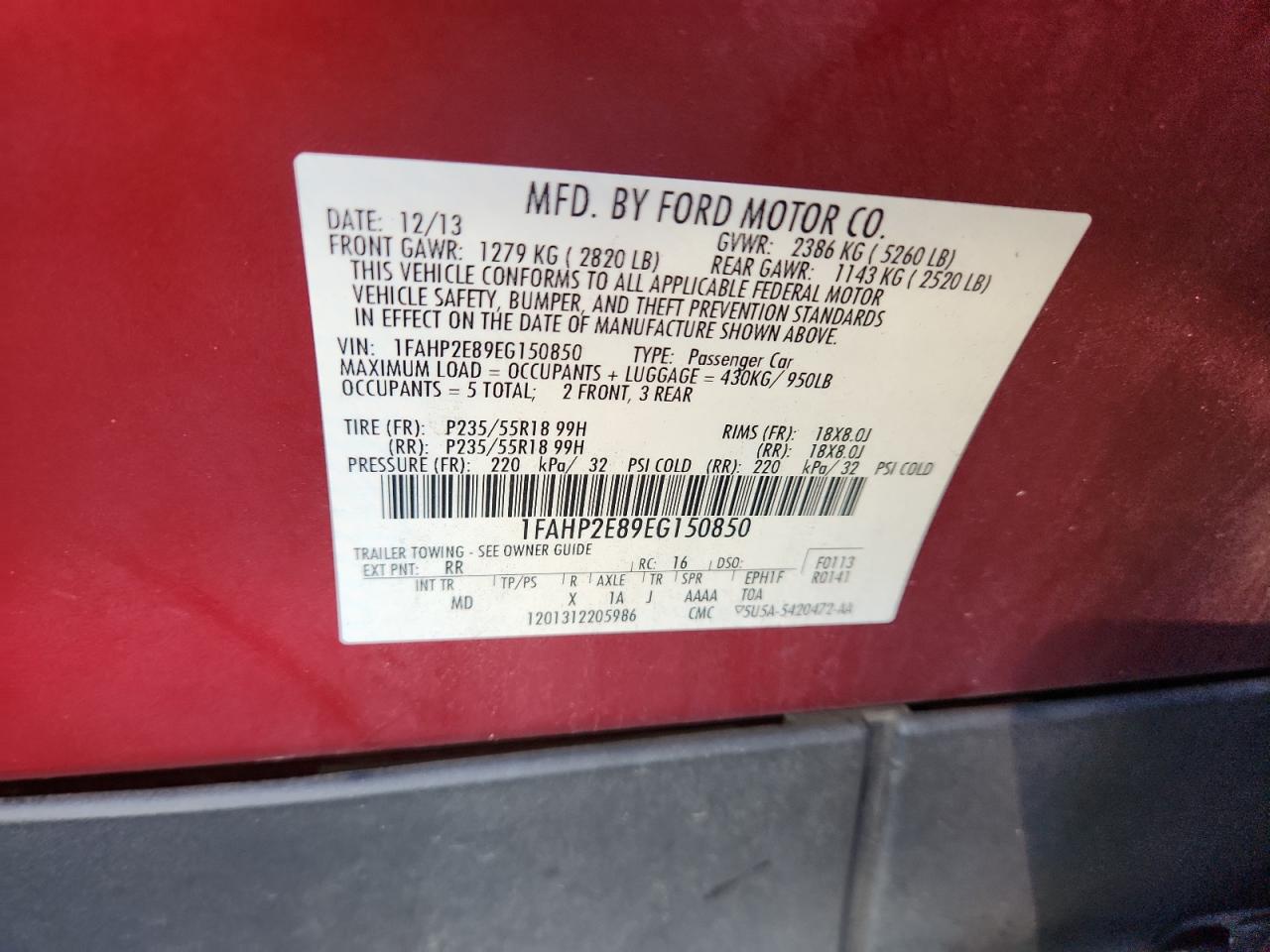 2014 Ford Taurus Sel VIN: 1FAHP2E89EG150850 Lot: 91002505