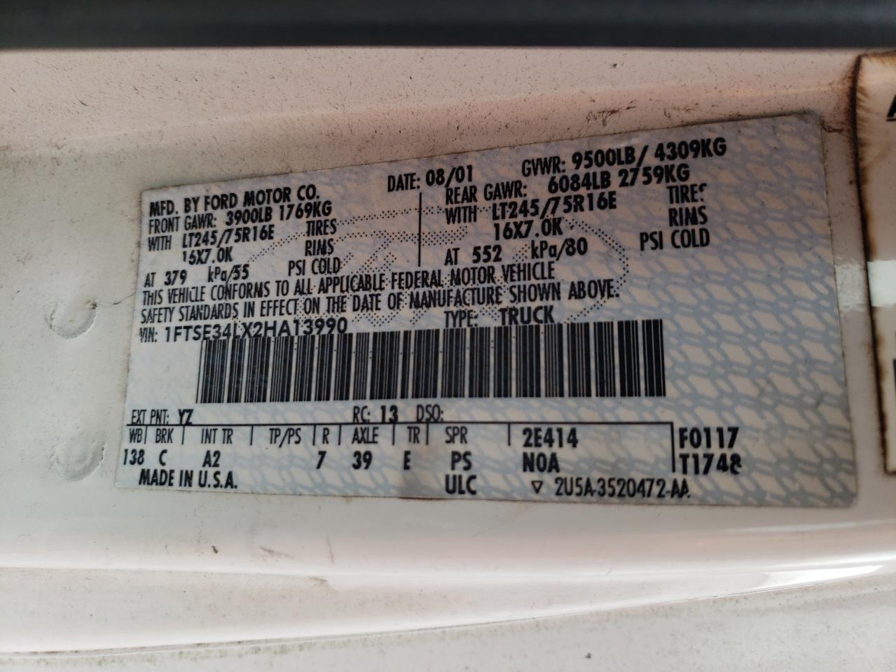 2002 Ford E350 Delivery Van VIN: 1FTSE34LX2HA13990 Lot: 90504875