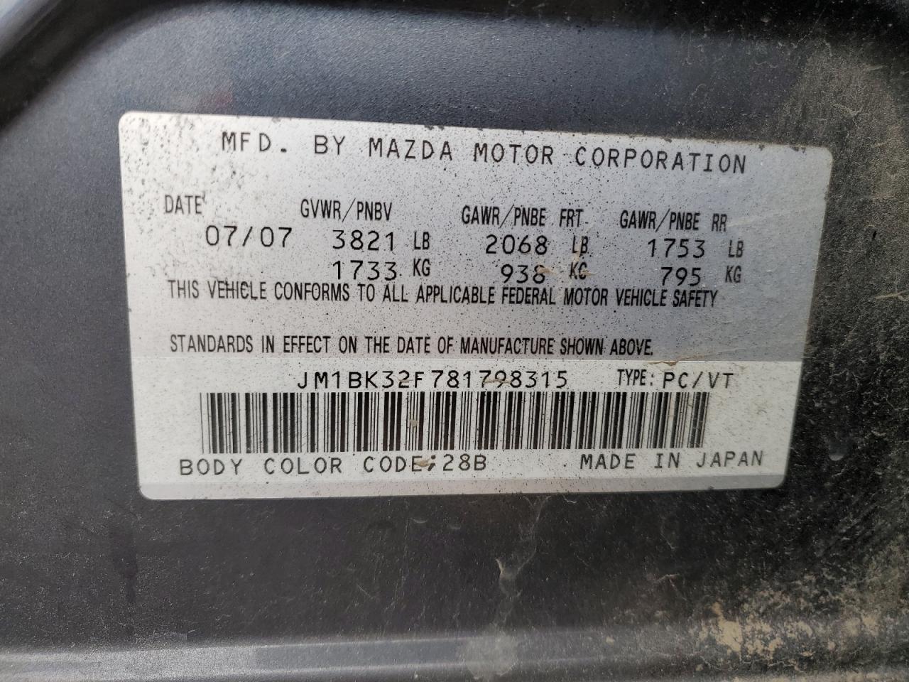 2008 Mazda 3 I VIN: JM1BK32F781798315 Lot: 90815505