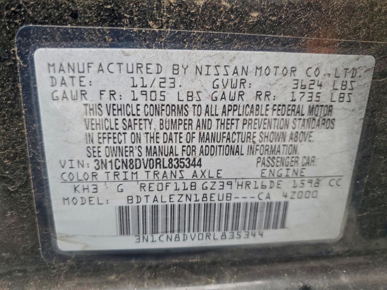 2024 Nissan Versa S VIN: 3N1CN8DV0RL835344 Lot: 93540375