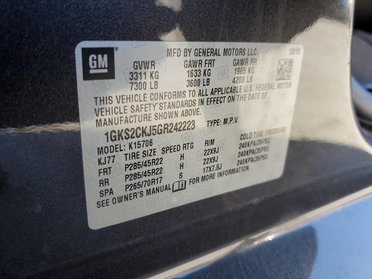 2016 GMC Yukon Denali VIN: 1GKS2CKJ5GR242223 Lot: 91372025