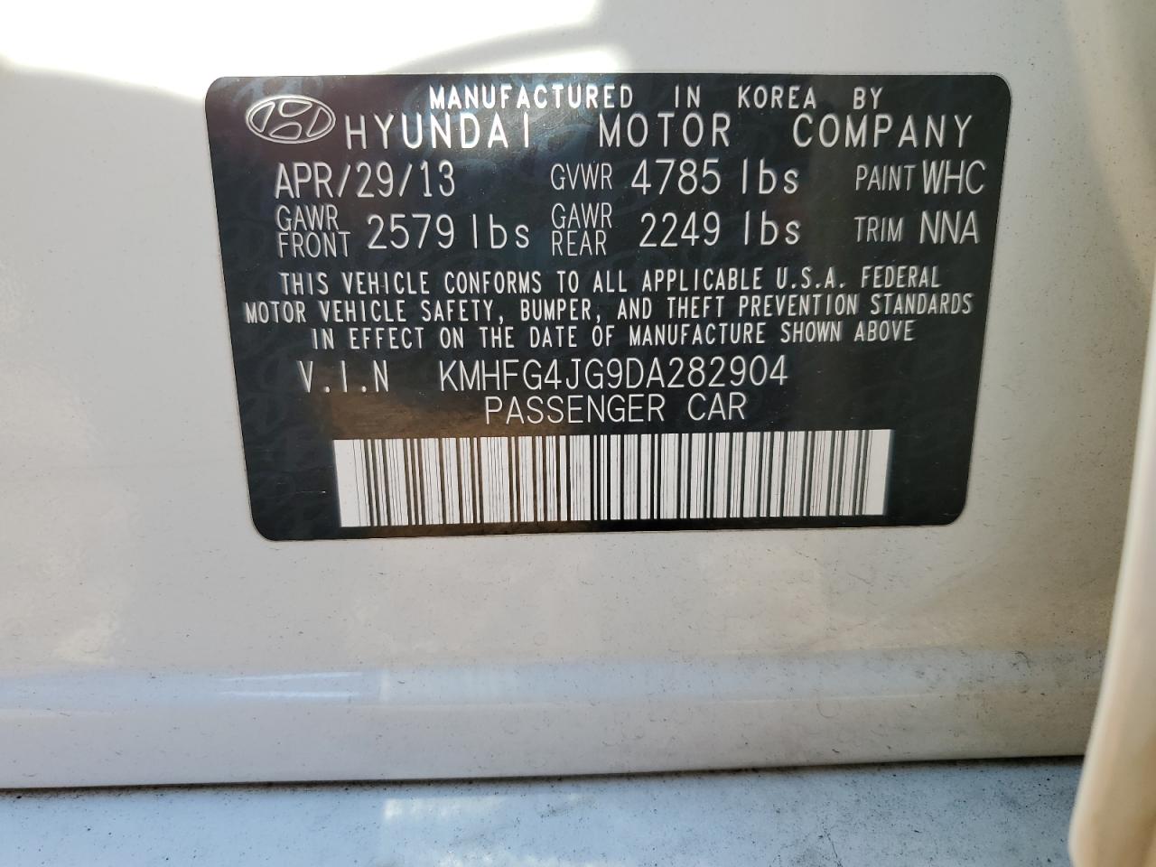 2013 Hyundai Azera VIN: KMHFG4JG9DA282904 Lot: 93080215