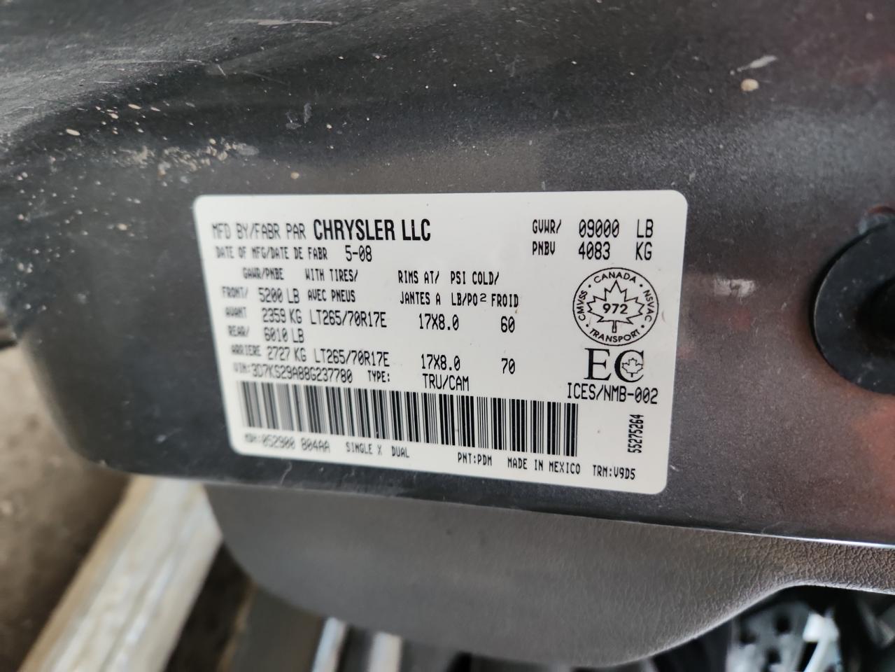 2008 Dodge Ram 2500 VIN: 3D7KS29A88G237780 Lot: 91284295