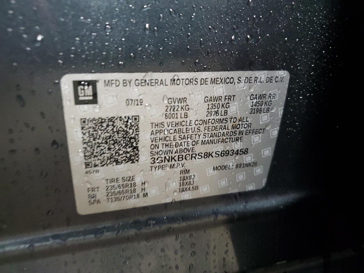 2019 Chevrolet Blazer 2Lt VIN: 3GNKBCRS8KS693458 Lot: 89679885