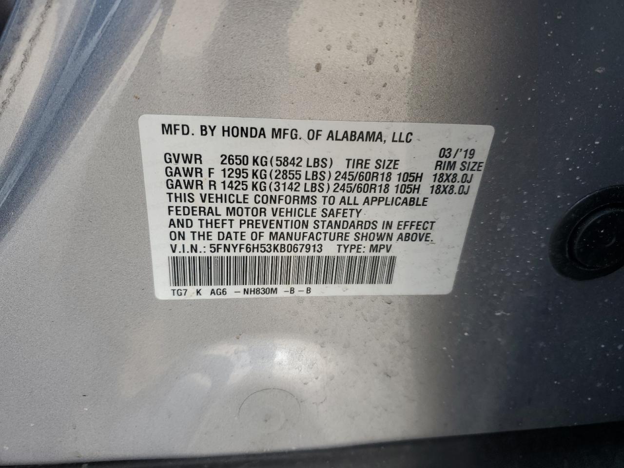 2019 Honda Pilot Exl VIN: 5FNYF6H53KB067913 Lot: 93207955