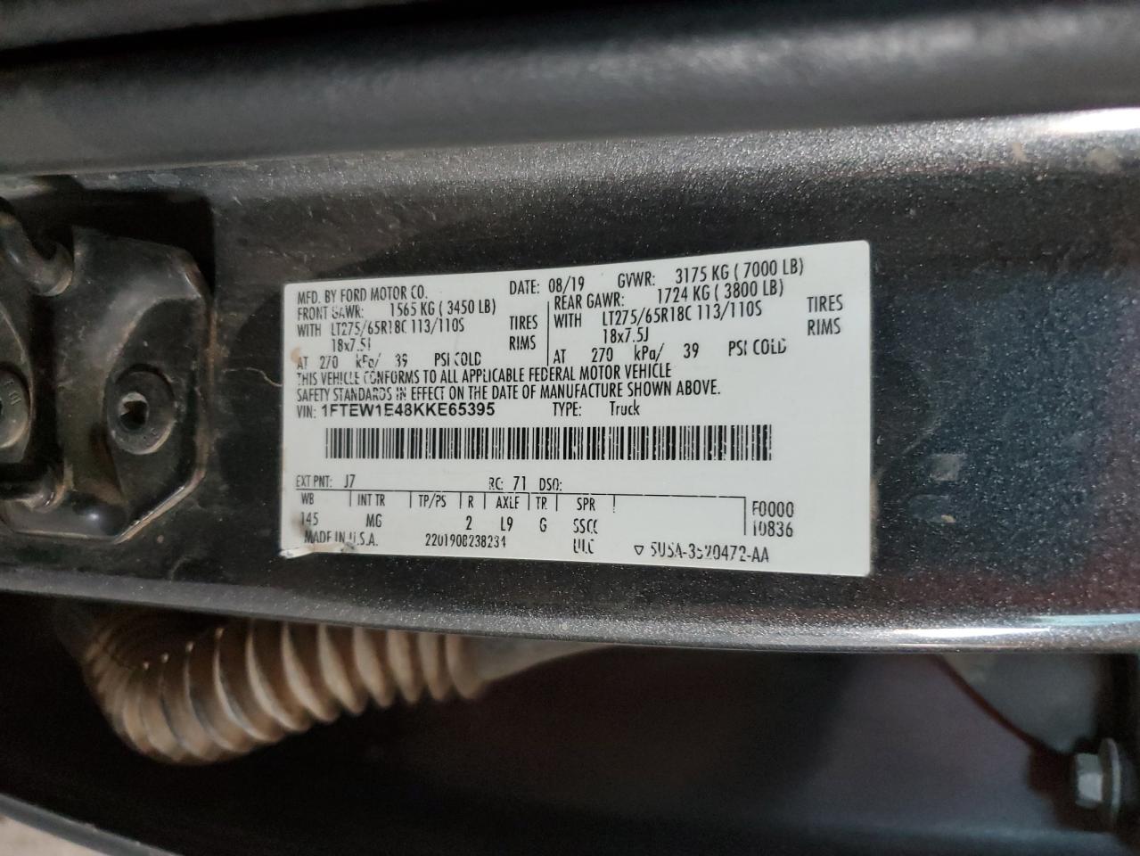 2019 Ford F150 Supercrew VIN: 1FTEW1E48KKE65395 Lot: 91494915