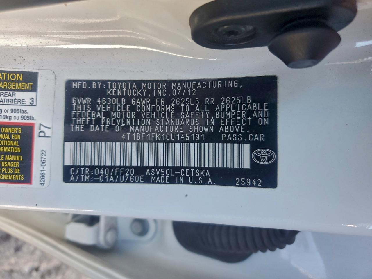 2012 Toyota Camry Base VIN: 4T1BF1FK1CU145191 Lot: 93987085