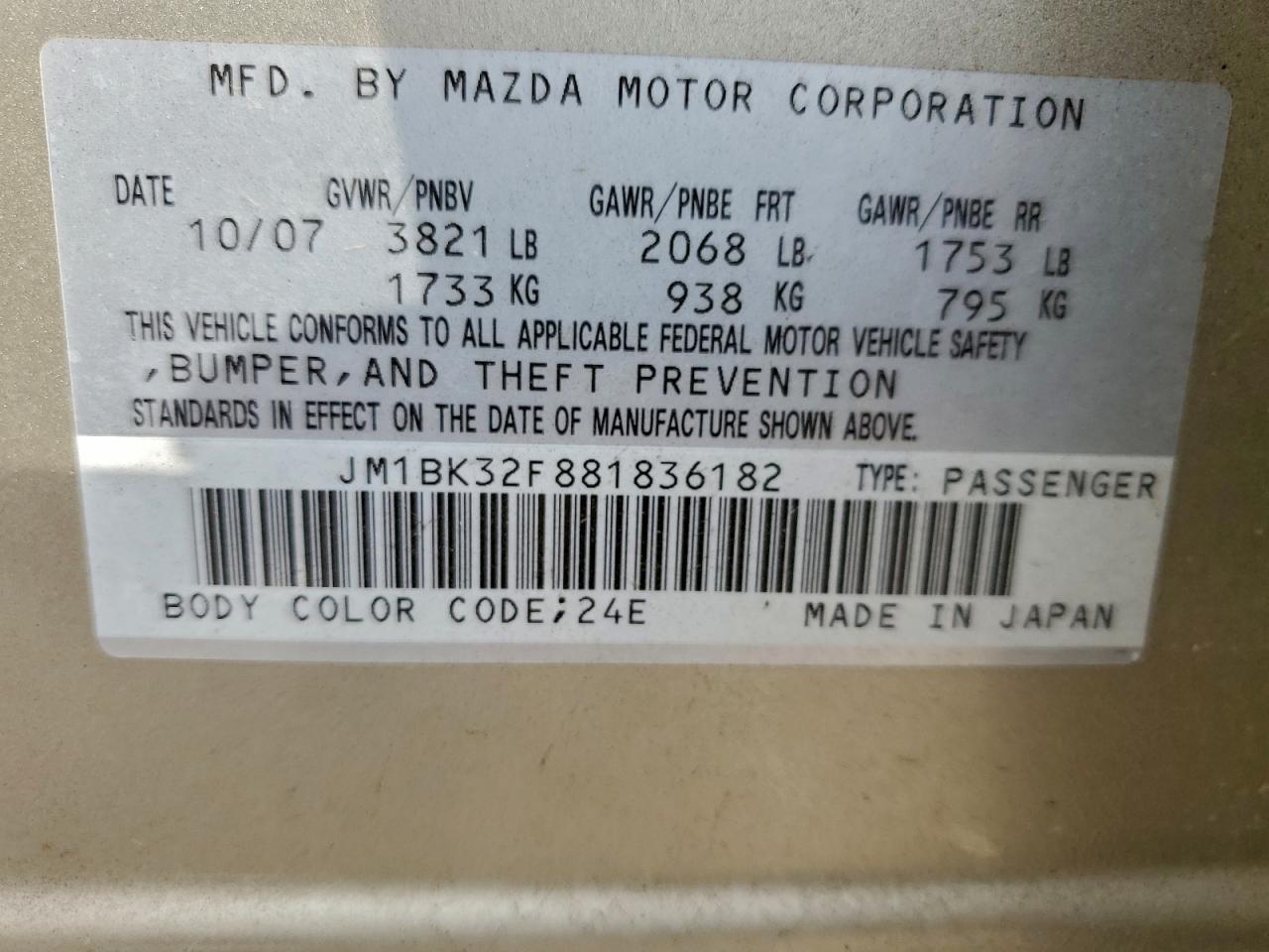 2008 Mazda 3 I VIN: JM1BK32F881836182 Lot: 94061475