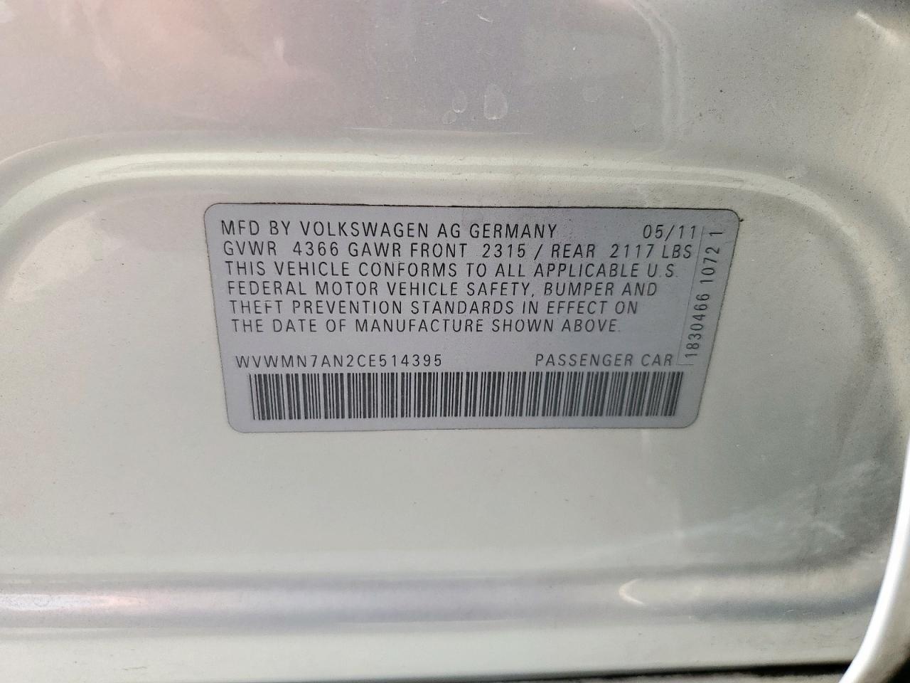 2012 Volkswagen Cc Sport VIN: WVWMN7AN2CE514395 Lot: 92226825