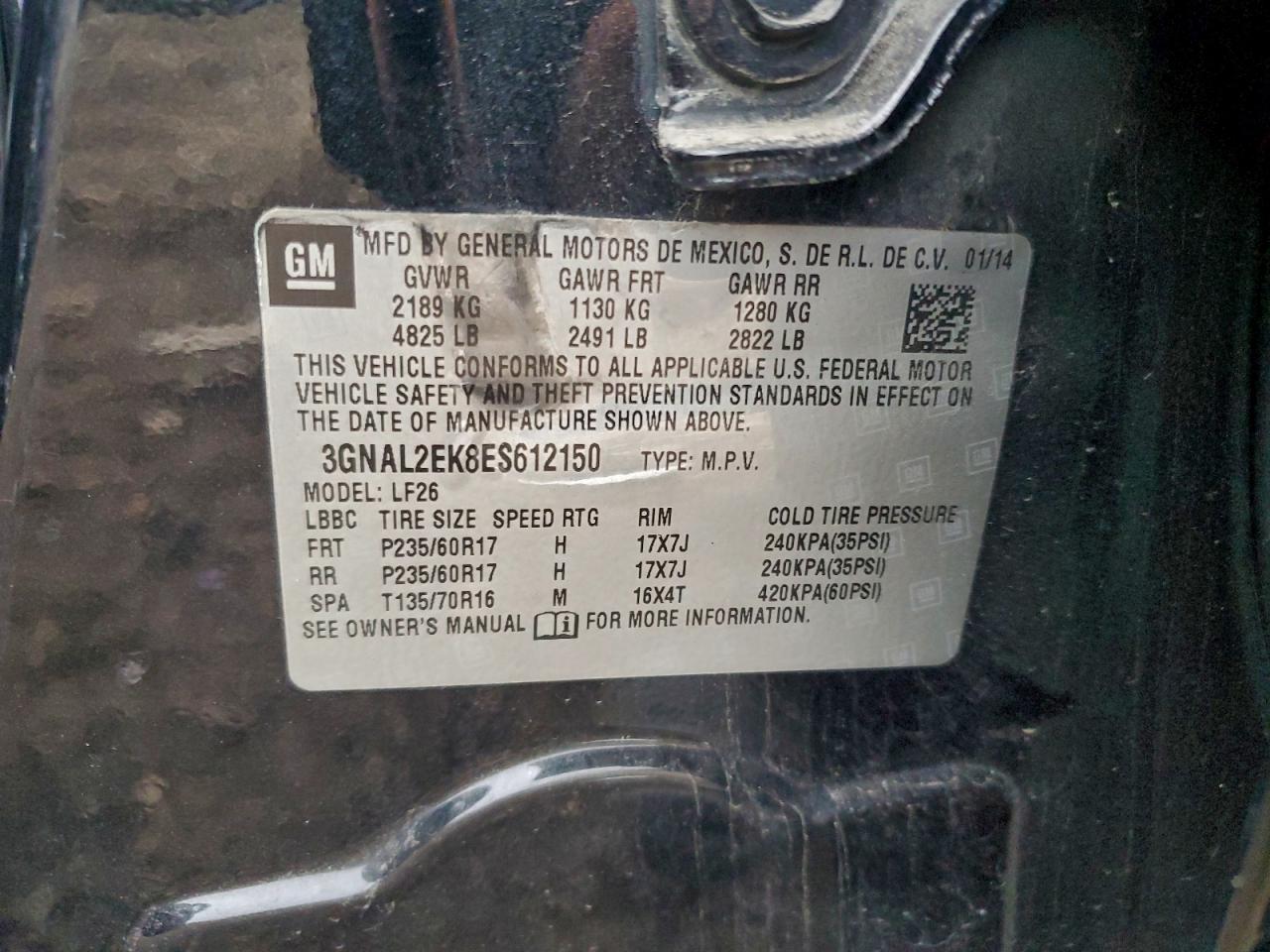 2014 Chevrolet Captiva Ls VIN: 3GNAL2EK8ES612150 Lot: 93043285