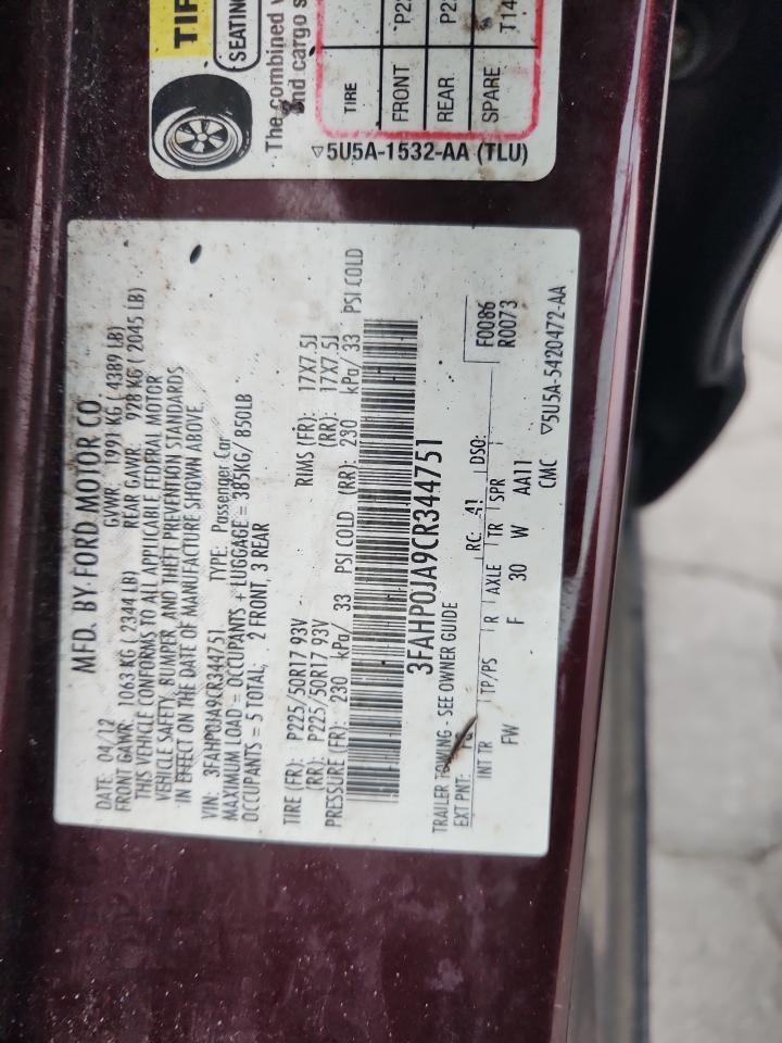 2012 Ford Fusion Sel VIN: 3FAHP0JA9CR344751 Lot: 93596185