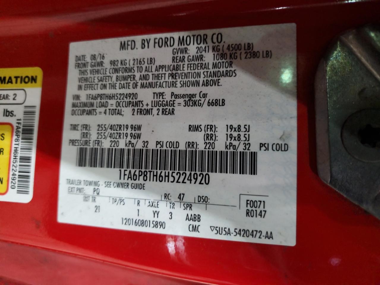 2017 Ford Mustang VIN: 1FA6P8TH6H5224920 Lot: 92350155