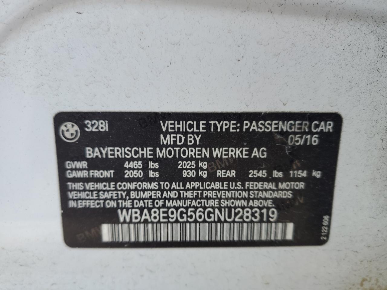 2016 BMW 328 I Sulev VIN: WBA8E9G56GNU28319 Lot: 91890345