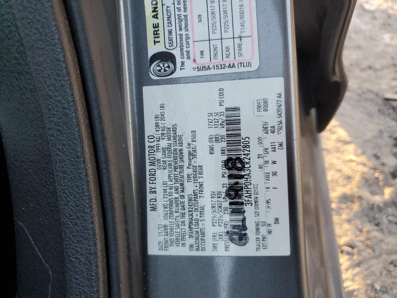 2012 Ford Fusion Se VIN: 3FAHP0HA3CR242805 Lot: 92625155