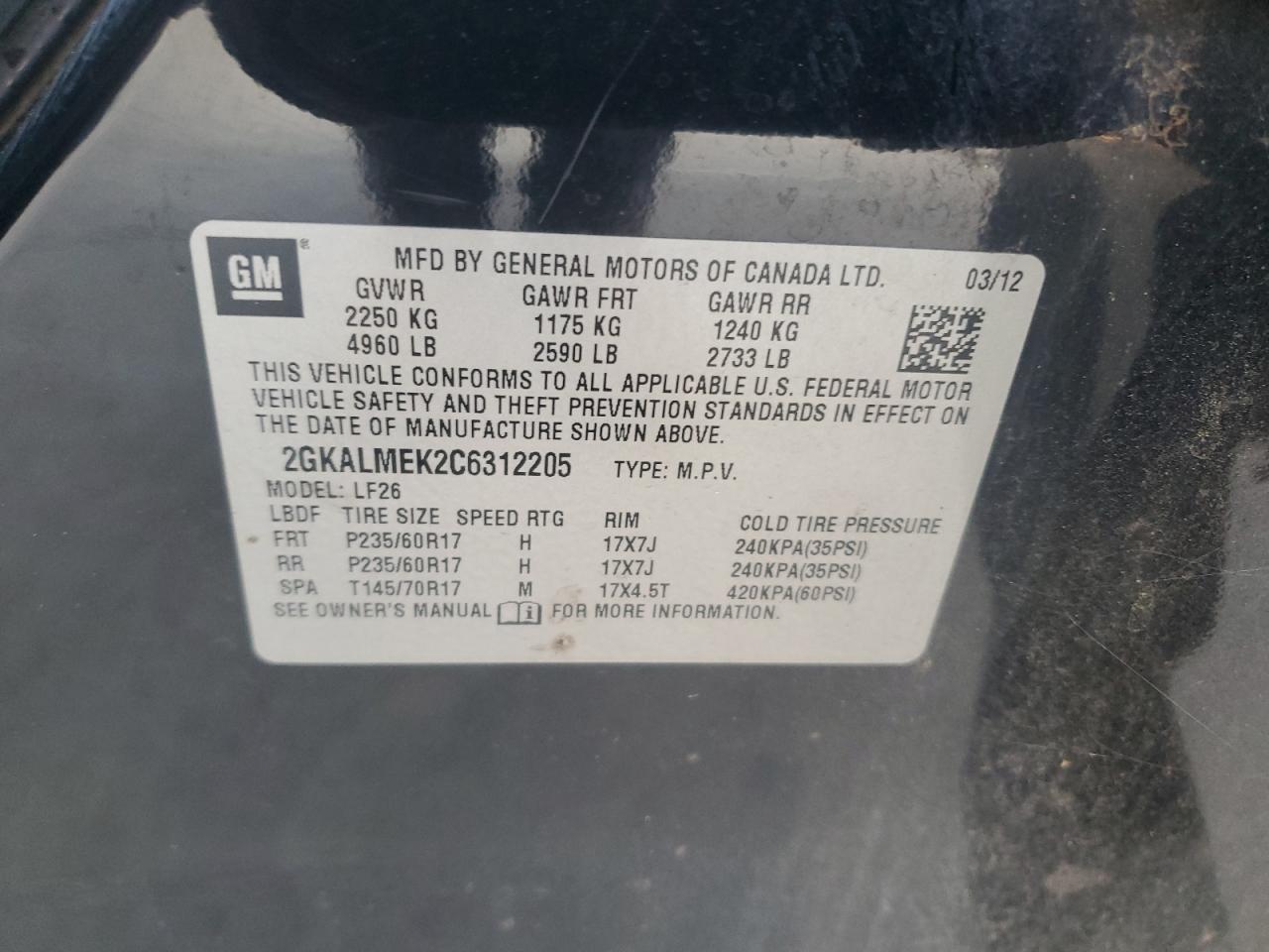 2012 GMC Terrain Sle VIN: 2GKALMEK2C6312205 Lot: 93651895