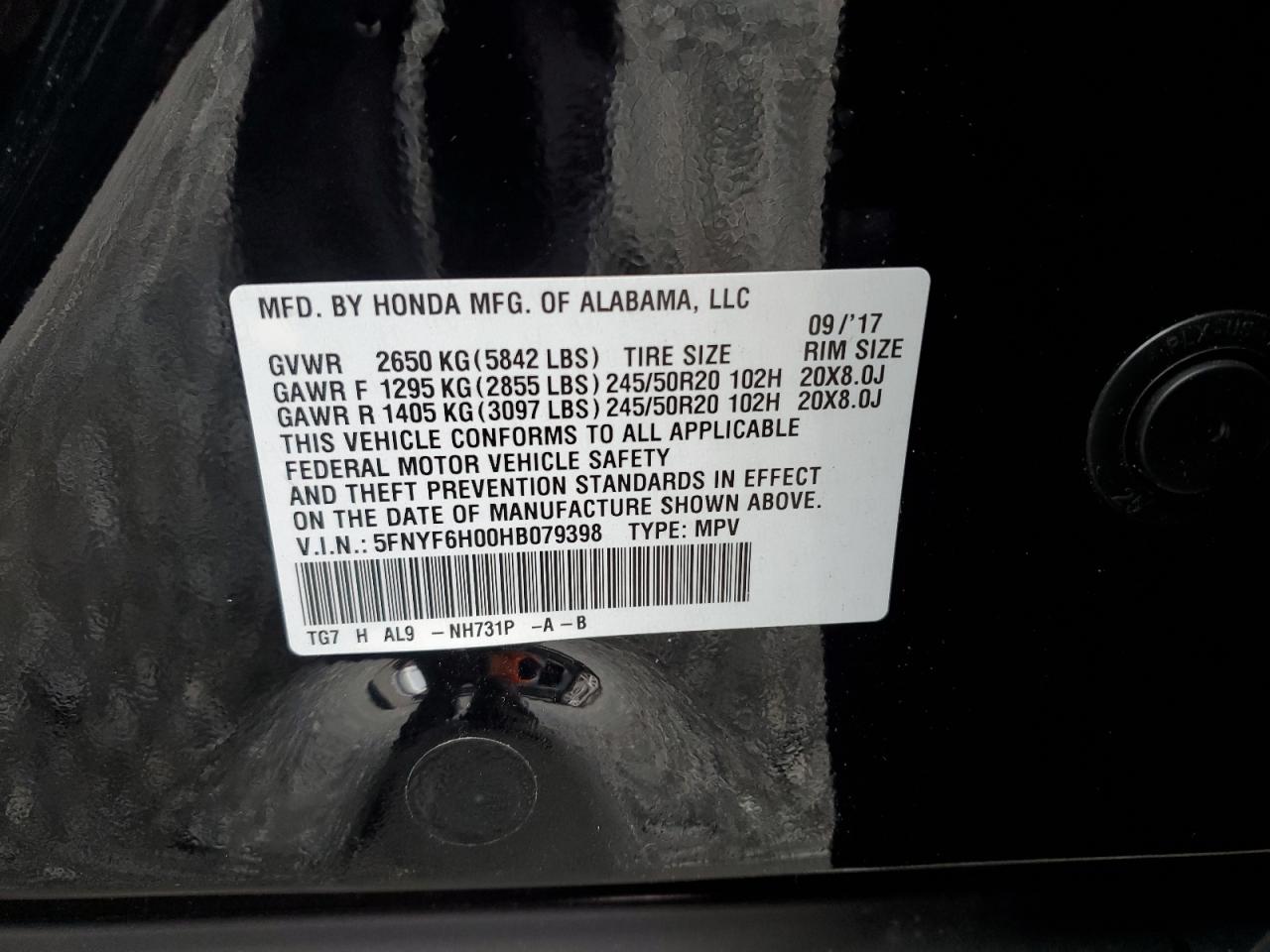 2017 Honda Pilot Elite VIN: 5FNYF6H00HB079398 Lot: 91130895