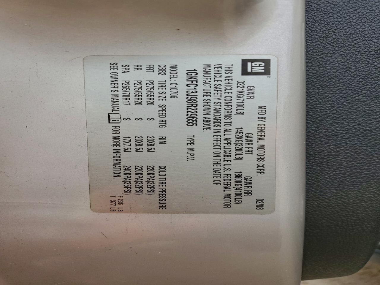 2008 GMC Yukon VIN: 1GKFC13J98R229655 Lot: 94377455