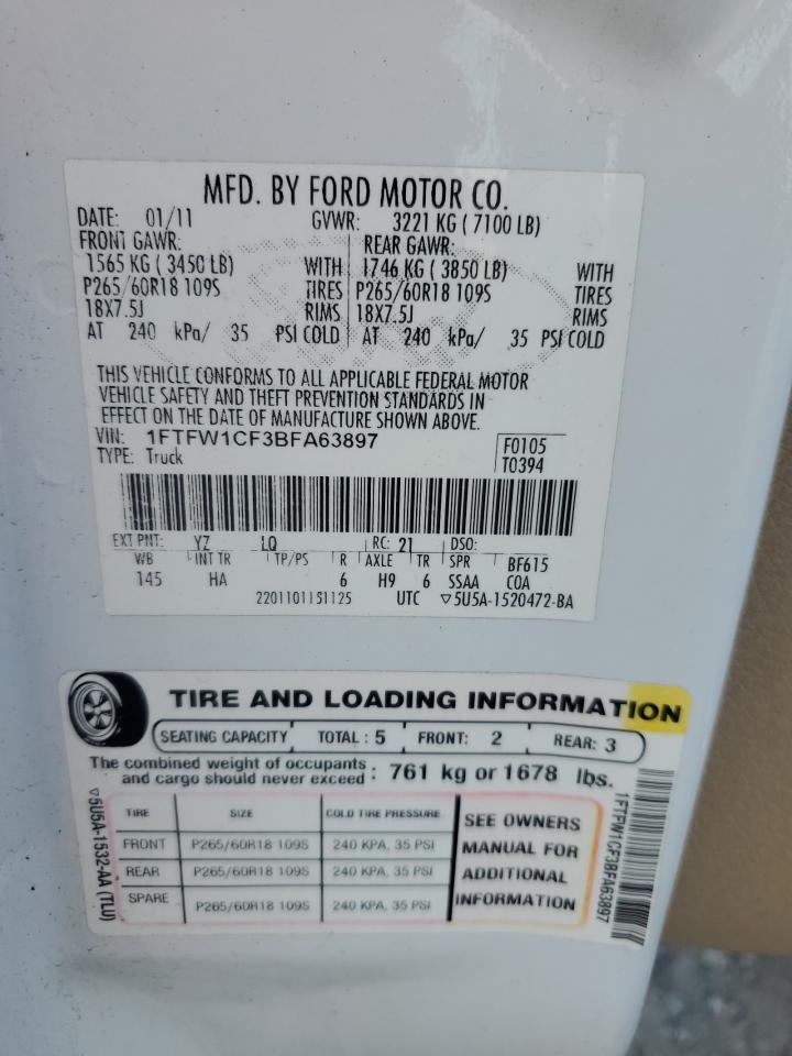 2011 Ford F150 Supercrew VIN: 1FTFW1CF3BFA63897 Lot: 92863675