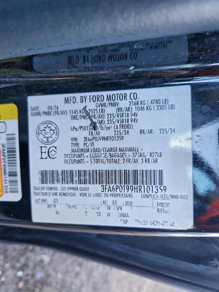 2017 Ford Fusion Se VIN: 3FA6P0T99HR101359 Lot: 94225765