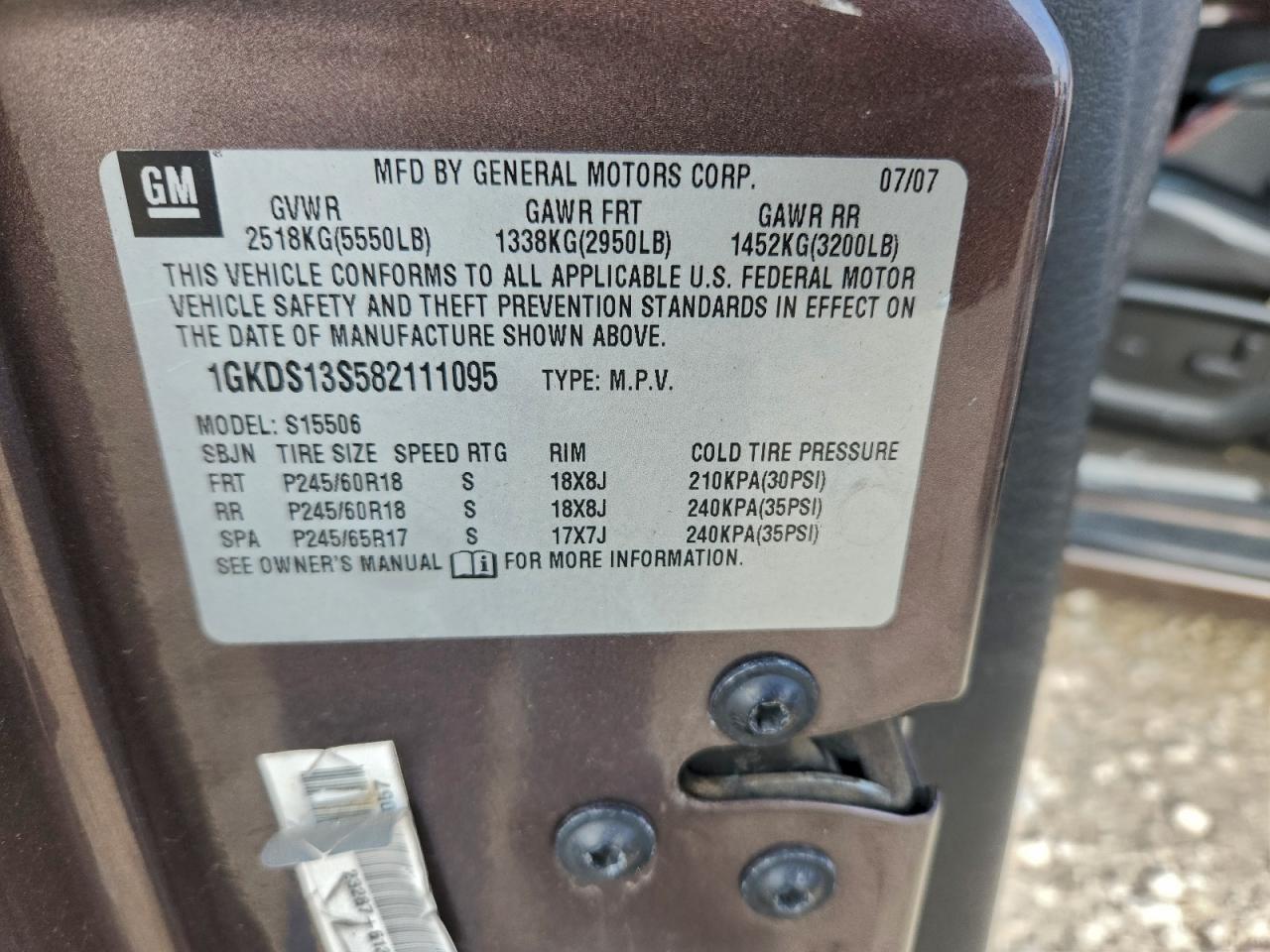 2008 GMC Envoy VIN: 1GKDS13S582111095 Lot: 90682215