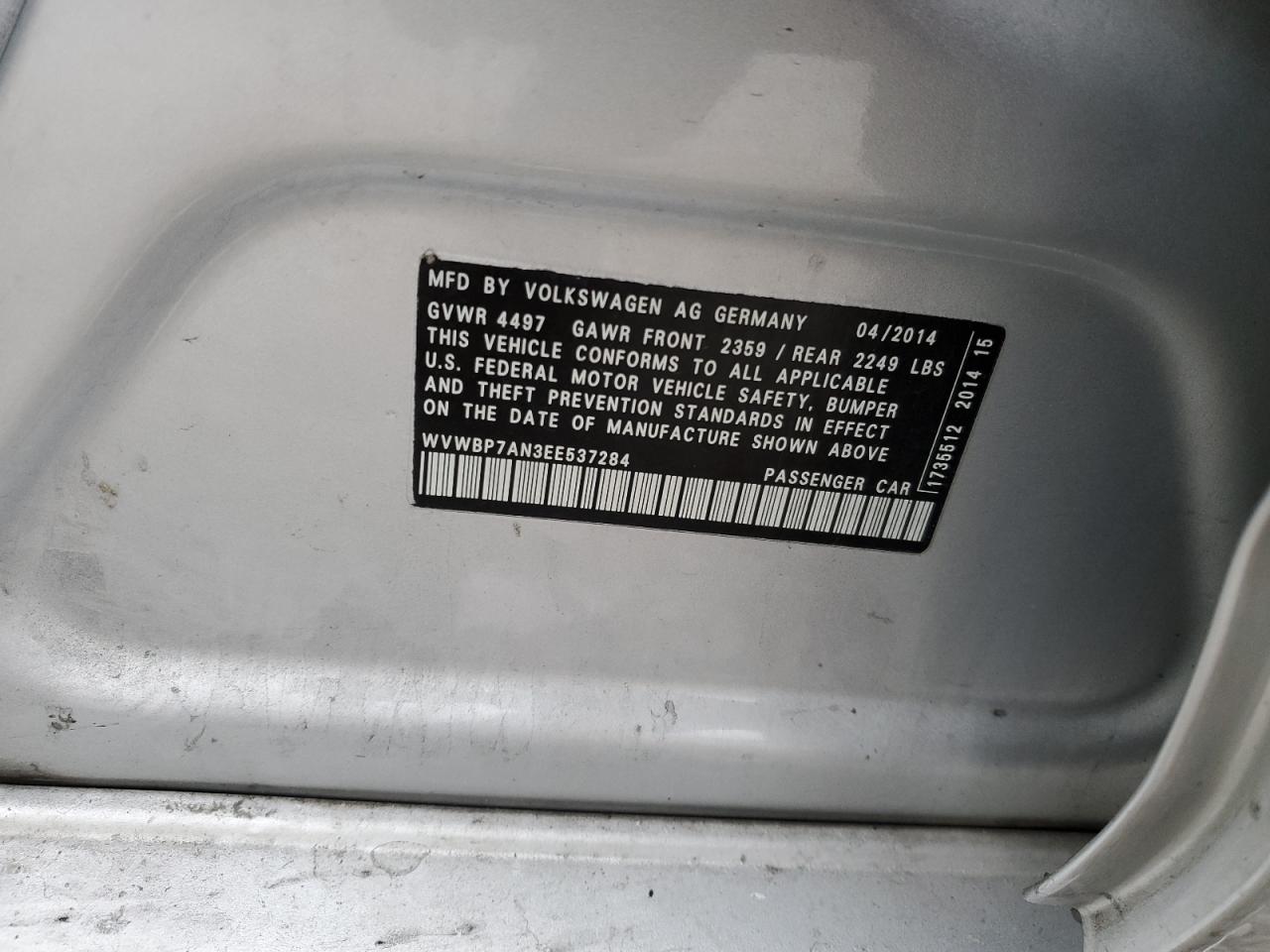 2014 Volkswagen Cc Sport VIN: WVWBP7AN3EE537284 Lot: 92361695