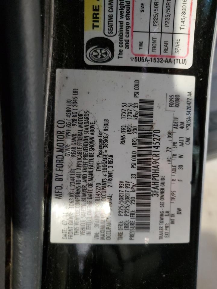 2012 Ford Fusion Se VIN: 3FAHP0HA9CR145270 Lot: 91086845