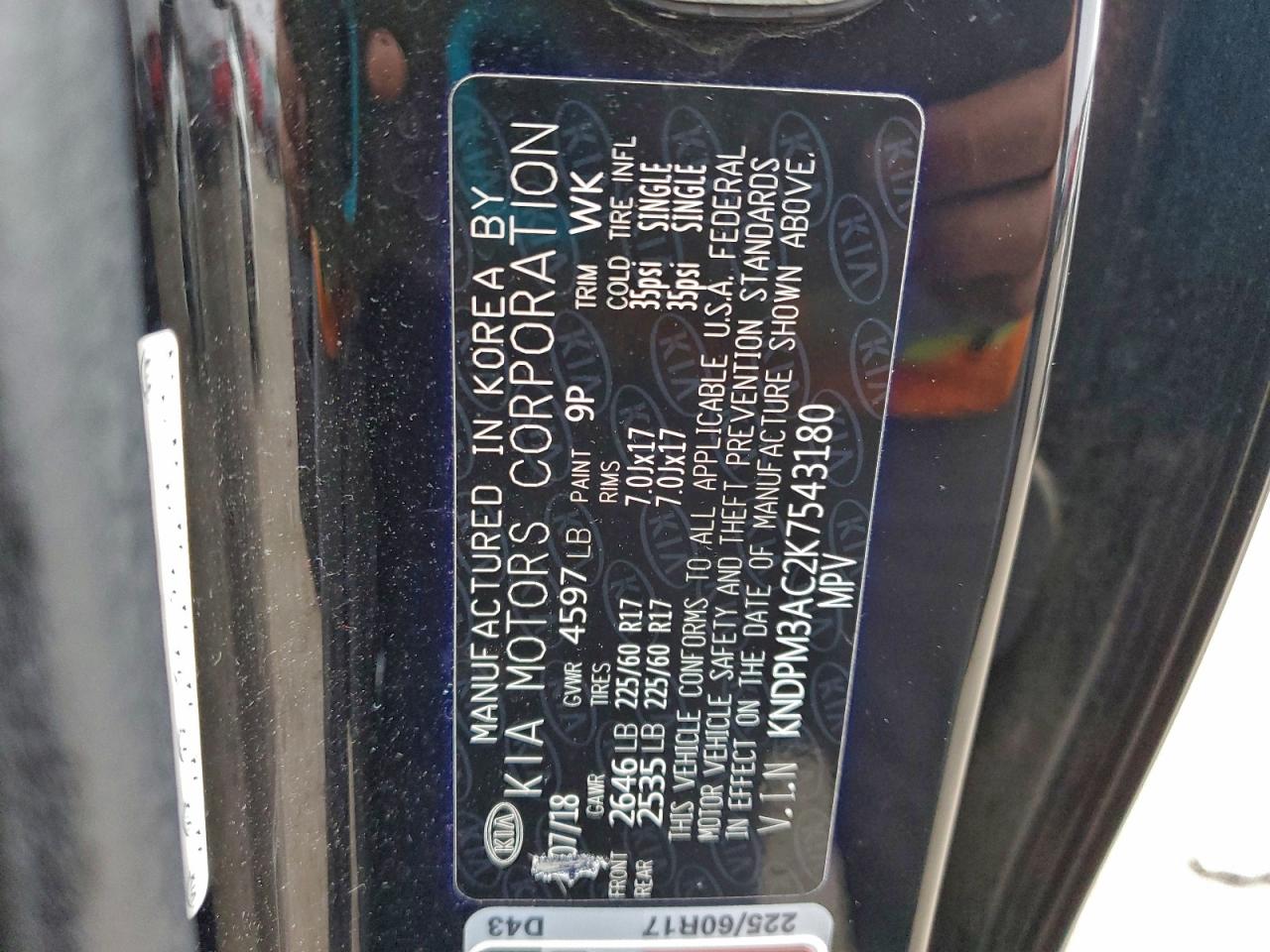 2019 Kia Sportage Lx VIN: KNDPM3AC2K7543180 Lot: 93049375