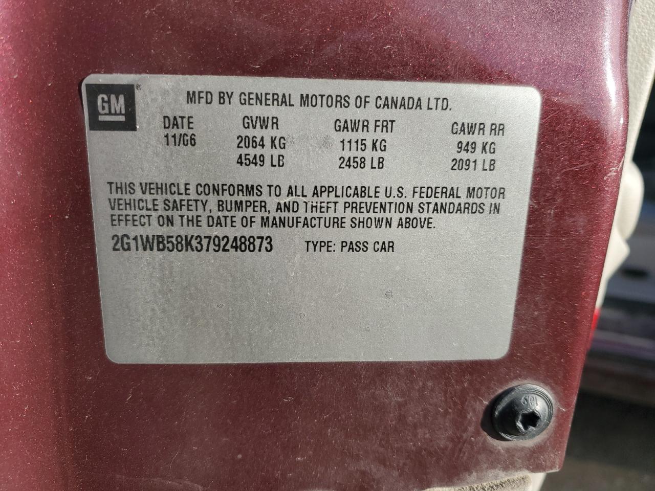 2007 Chevrolet Impala Ls VIN: 2G1WB58K379248873 Lot: 91206535