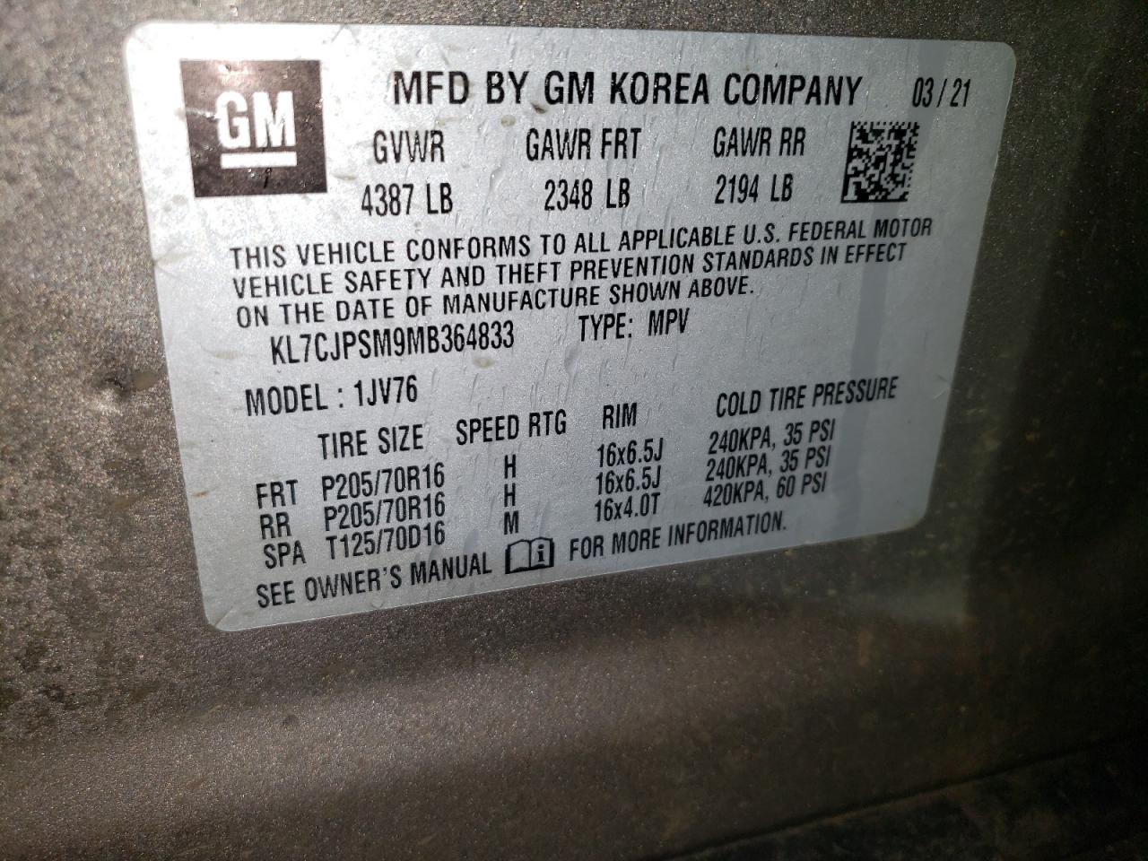 2021 Chevrolet Trax 1Lt VIN: KL7CJPSM9MB364833 Lot: 92925195