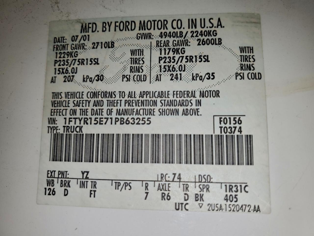 2001 Ford Ranger Super Cab VIN: 1FTYR15E71PB63255 Lot: 92345685