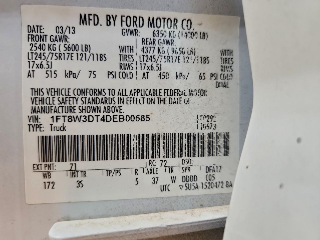 2013 Ford F350 Super Duty VIN: 1FT8W3DT4DEB00585 Lot: 94131035