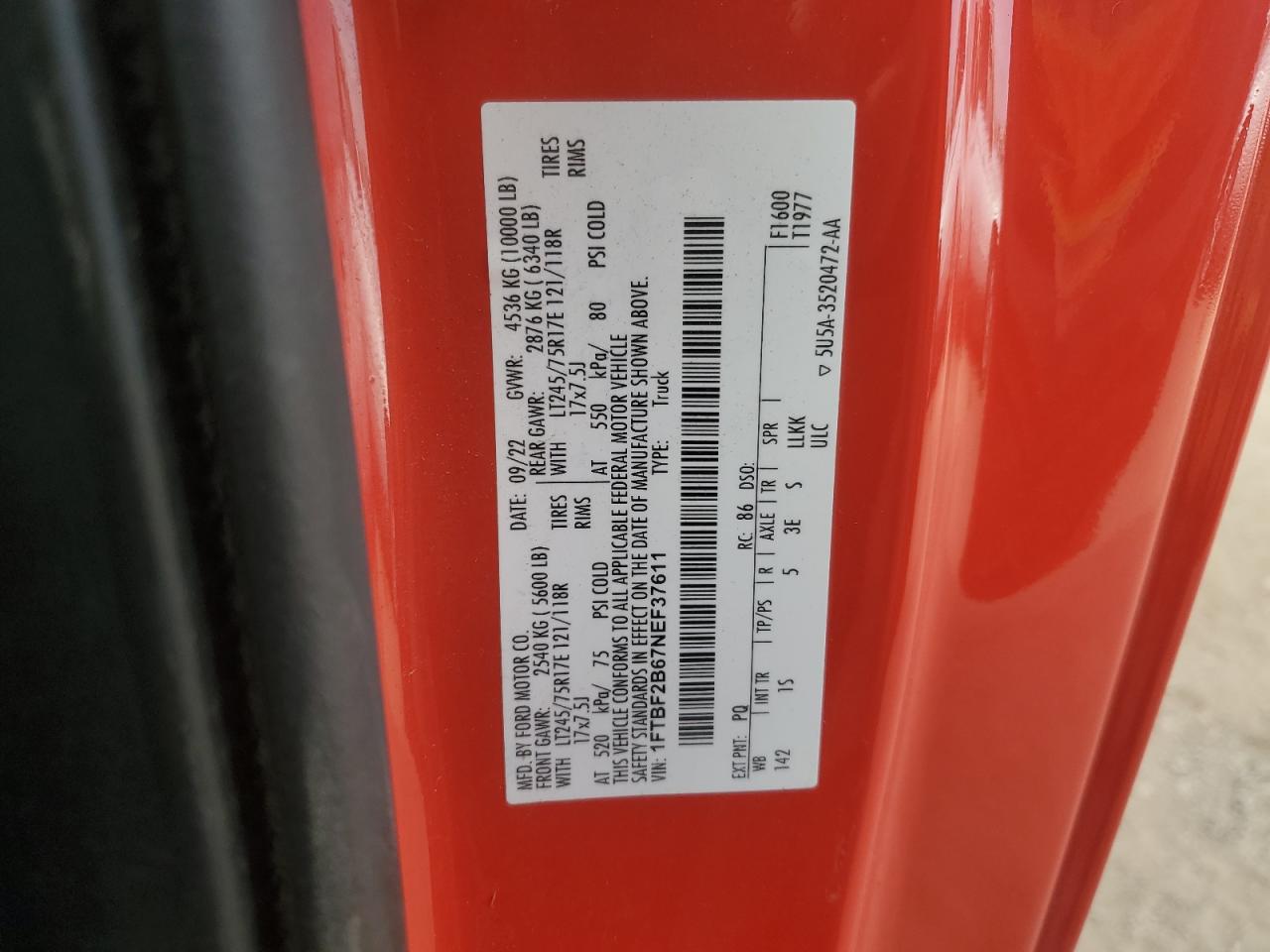 2022 Ford F250 Super Duty VIN: 1FTBF2B67NEF37611 Lot: 91887375