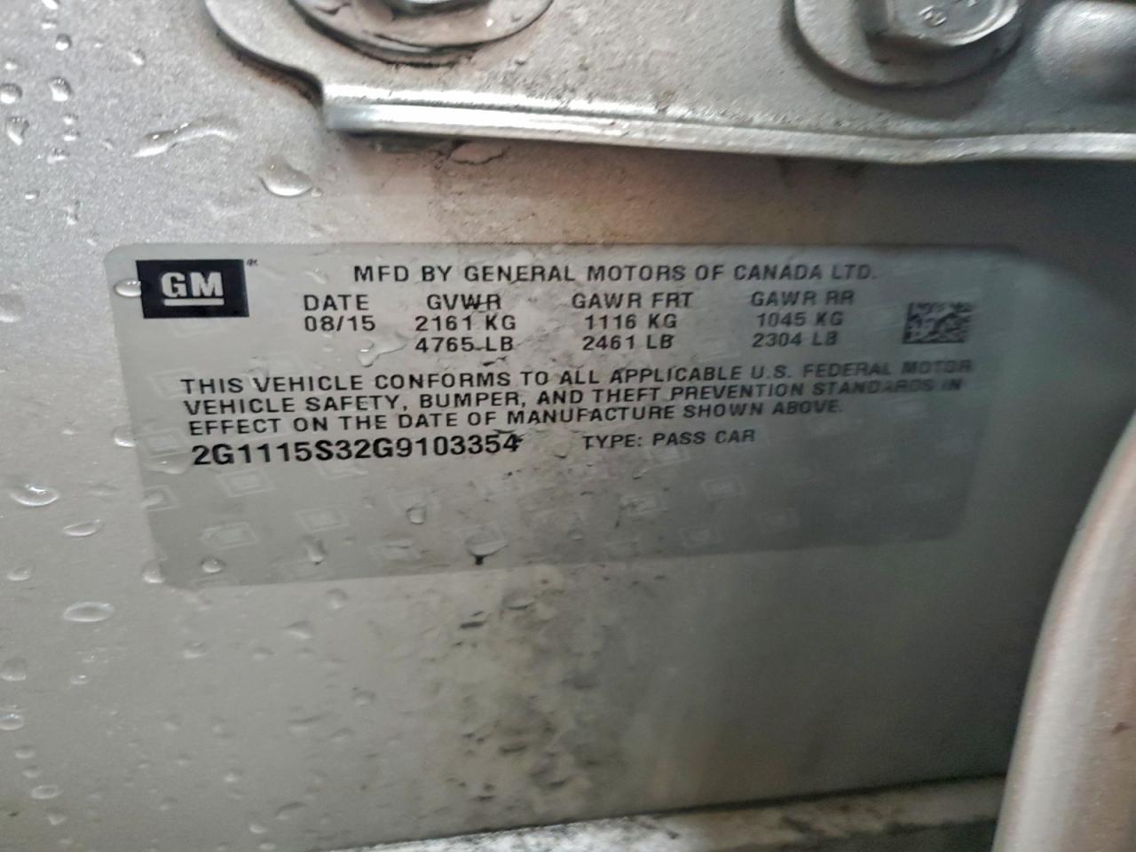 2016 Chevrolet Impala Lt VIN: 2G1115S32G9103354 Lot: 94149175