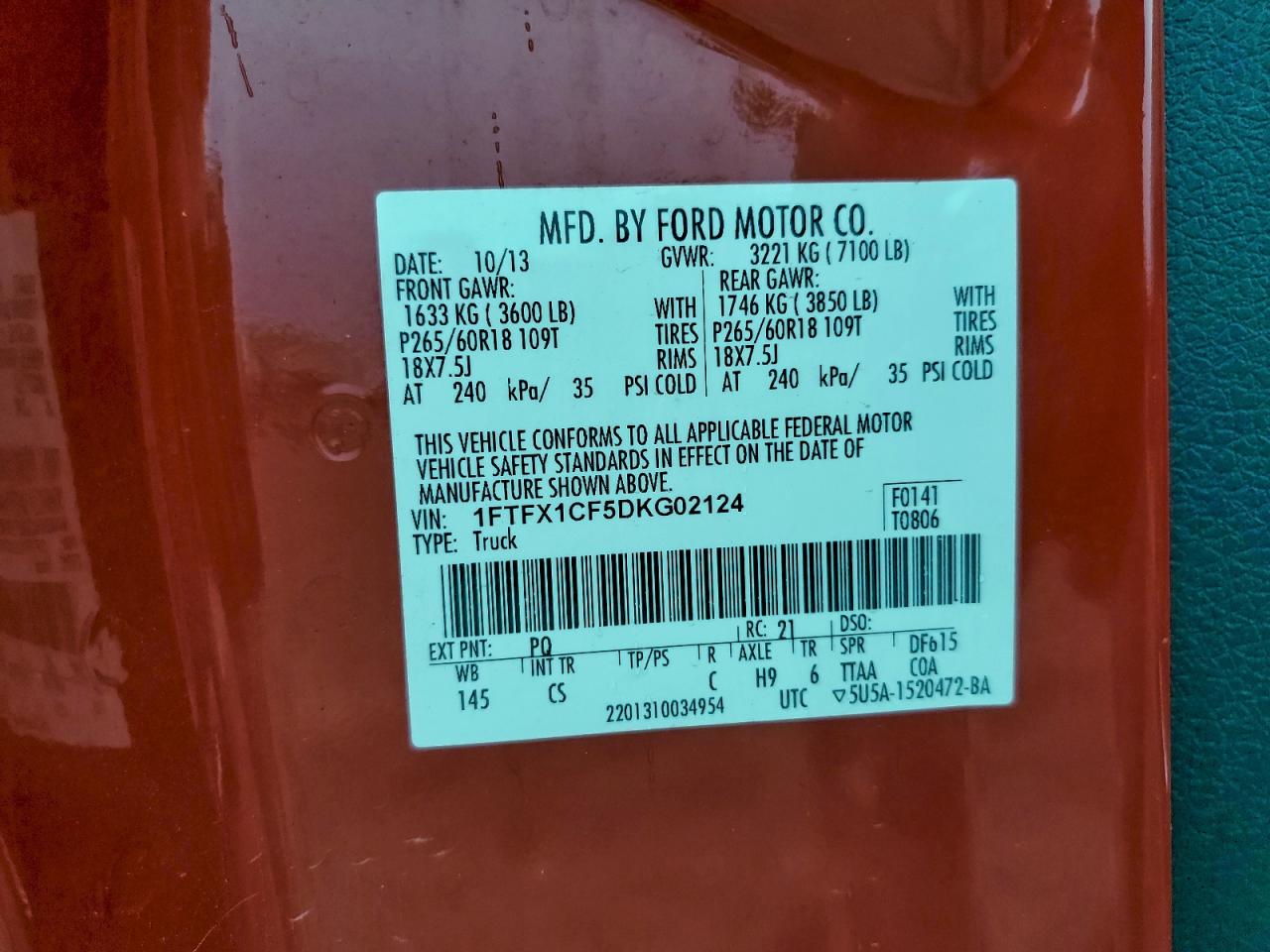 2013 Ford F150 Super Cab VIN: 1FTFX1CF5DKG02124 Lot: 93781705