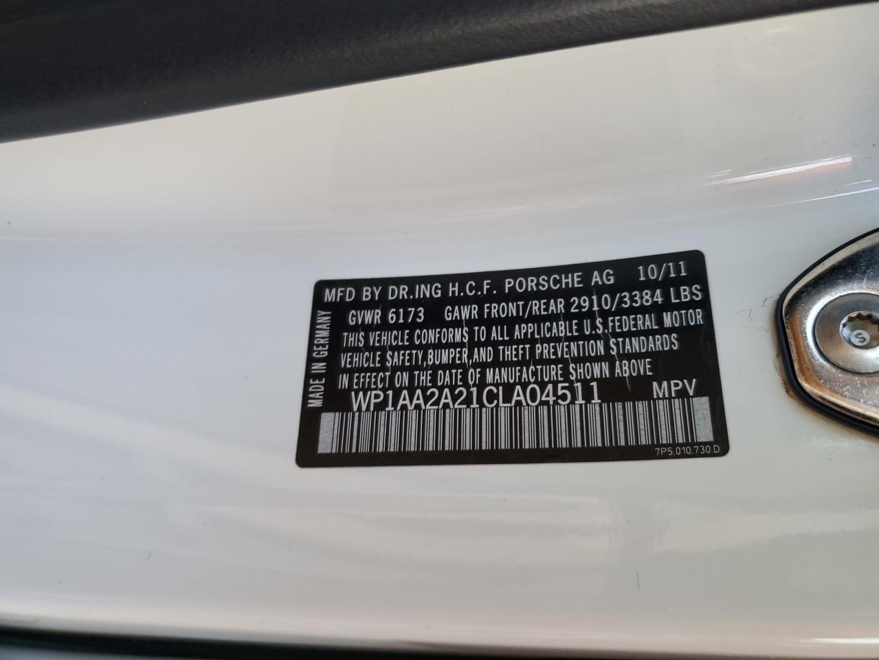 2012 Porsche Cayenne VIN: WP1AA2A21CLA04511 Lot: 92301885