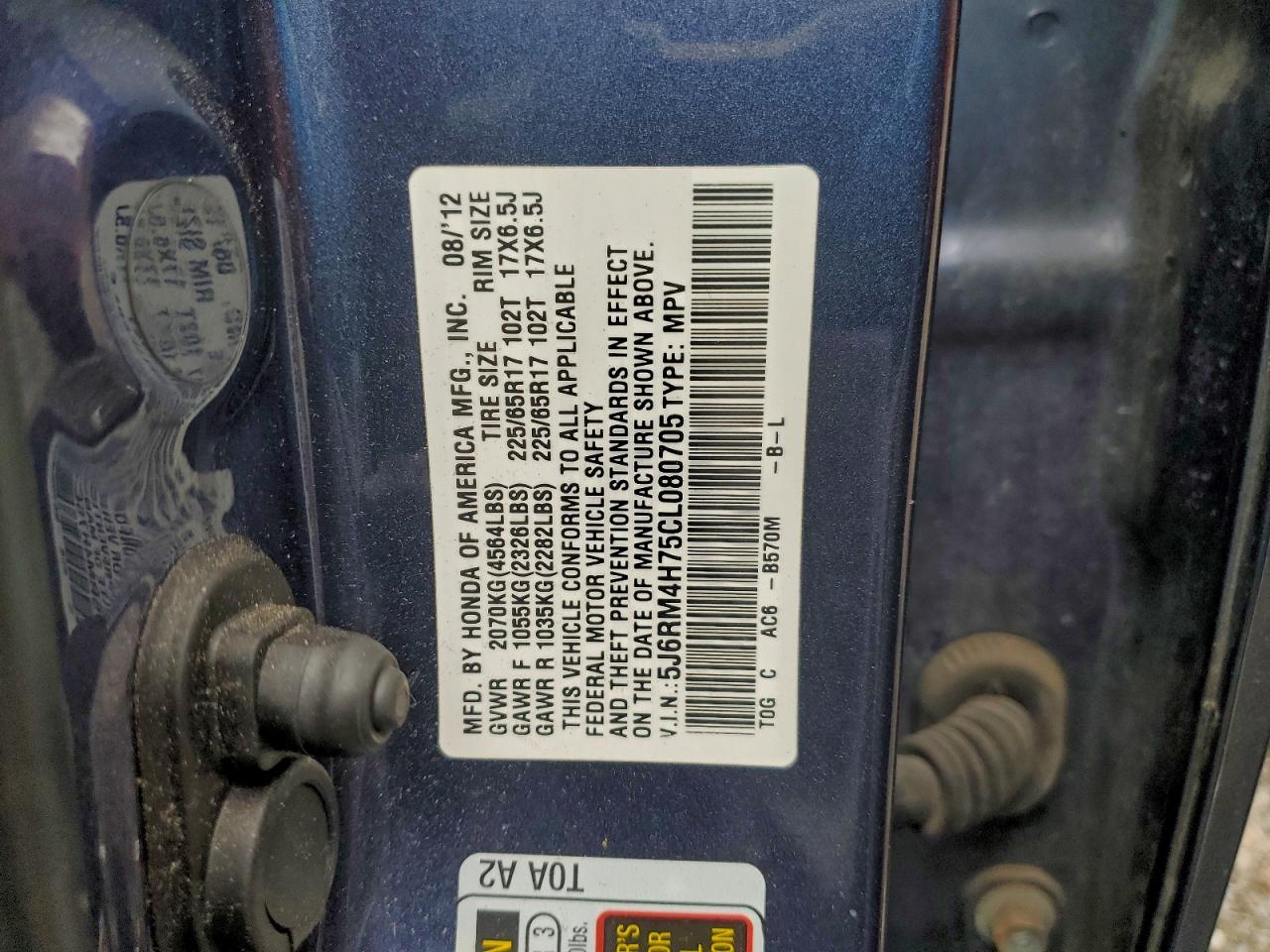 2012 Honda Cr-V Exl VIN: 5J6RM4H75CL080705 Lot: 93555785