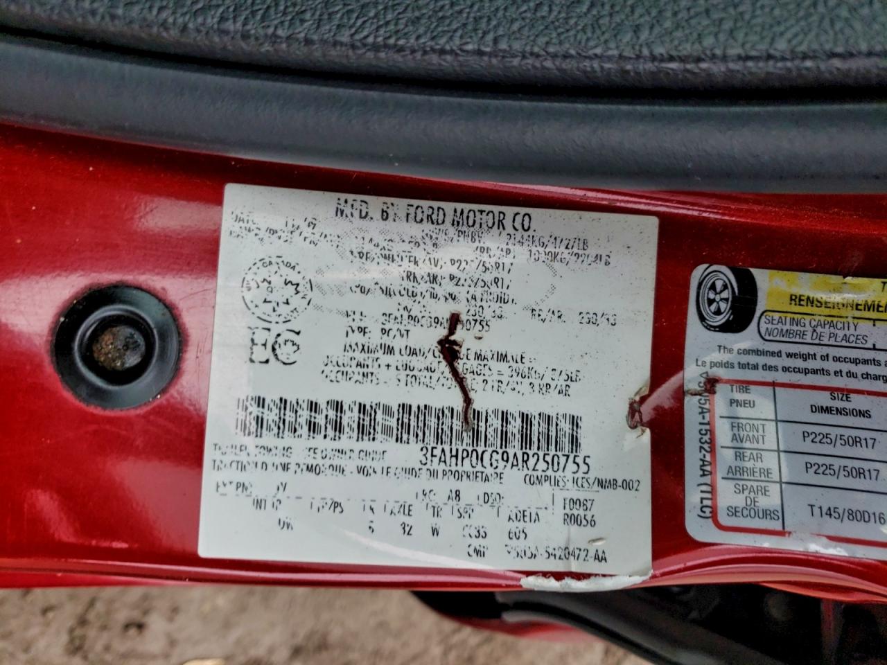 2010 Ford Fusion Sel VIN: 3FAHP0CG9AR250755 Lot: 92810715