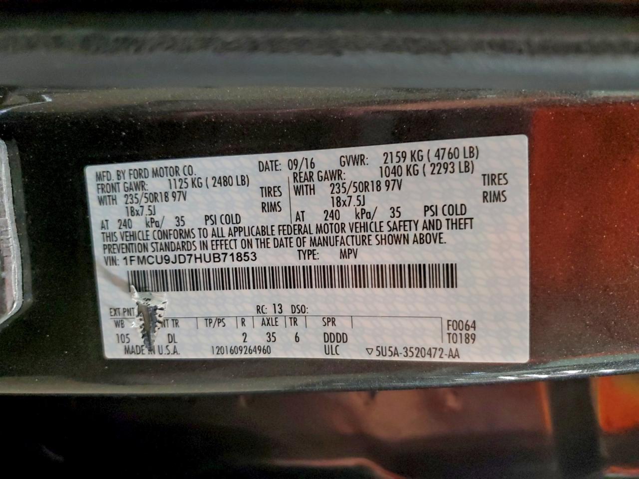 2017 Ford Escape Titanium VIN: 1FMCU9JD7HUB71853 Lot: 94041355