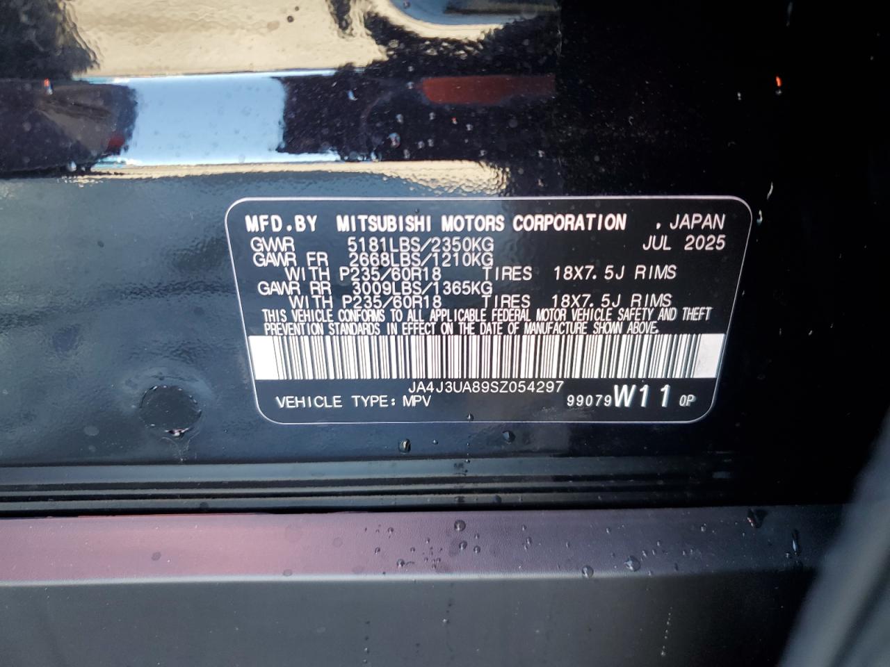 2025 Mitsubishi Outlander Es VIN: JA4J3UA89SZ054297 Lot: 92594935