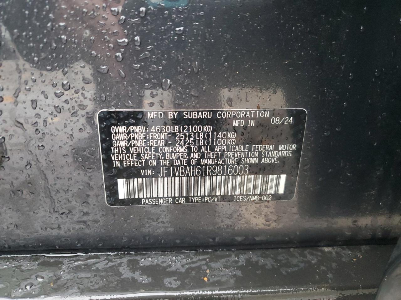 2024 Subaru Wrx Premium VIN: JF1VBAH61R9816003 Lot: 93071845