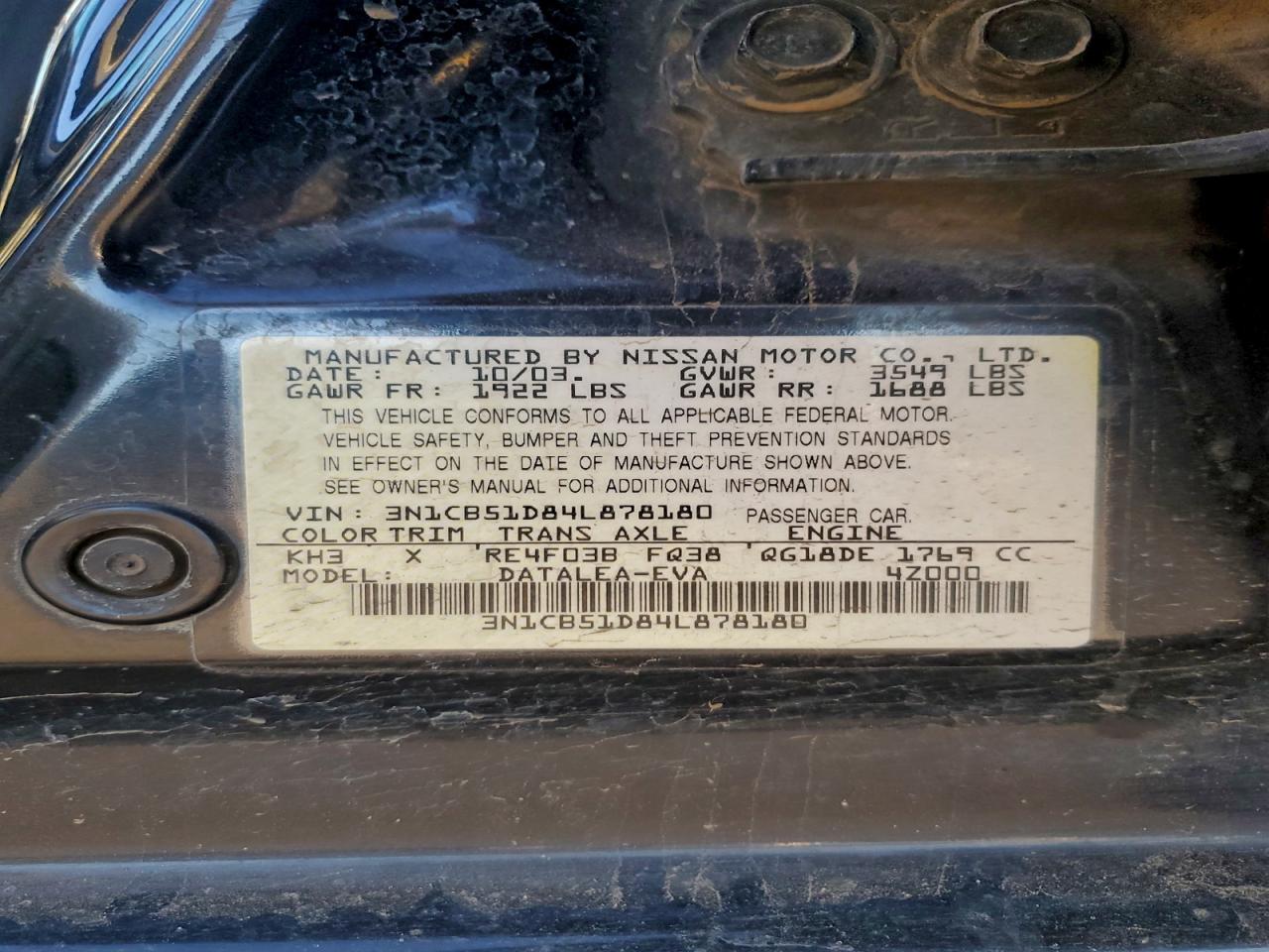 2004 Nissan Sentra 1.8 VIN: 3N1CB51D84L878180 Lot: 94689255