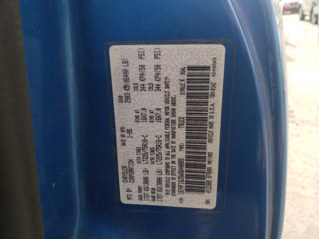 1998 Dodge Ram 1500 VIN: 1B7HF16Z6WS640885 Lot: 92513655