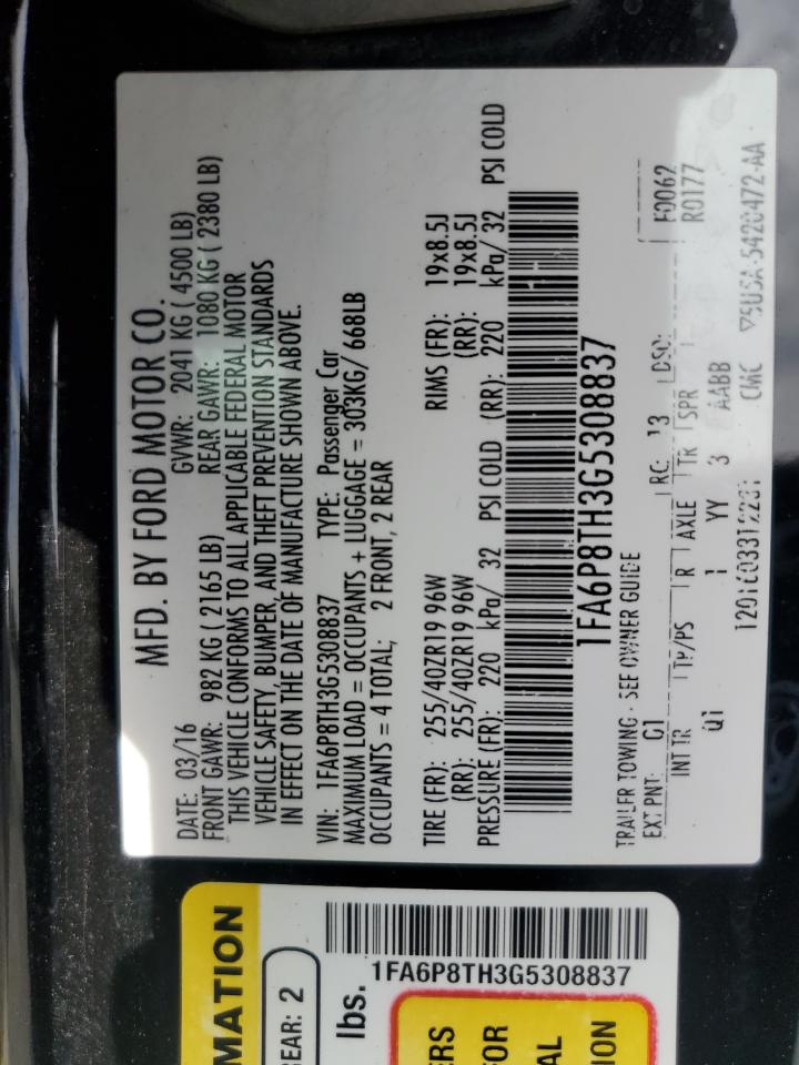 2016 Ford Mustang VIN: 1FA6P8TH3G5308837 Lot: 91075375