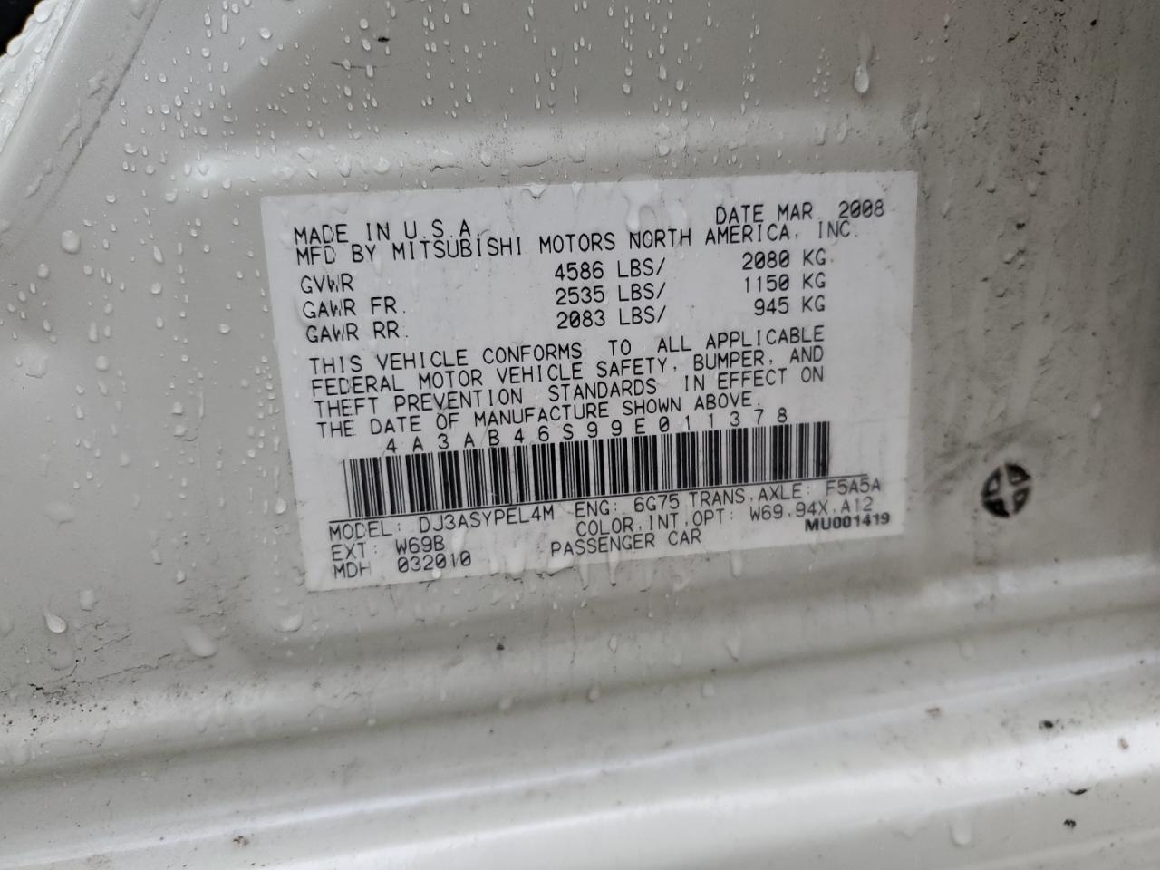 2009 Mitsubishi Galant Sport VIN: 4A3AB46S99E011378 Lot: 90680345