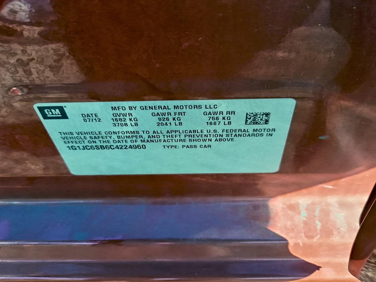 2012 Chevrolet Sonic Lt VIN: 1G1JC6SB6C4224960 Lot: 94455795