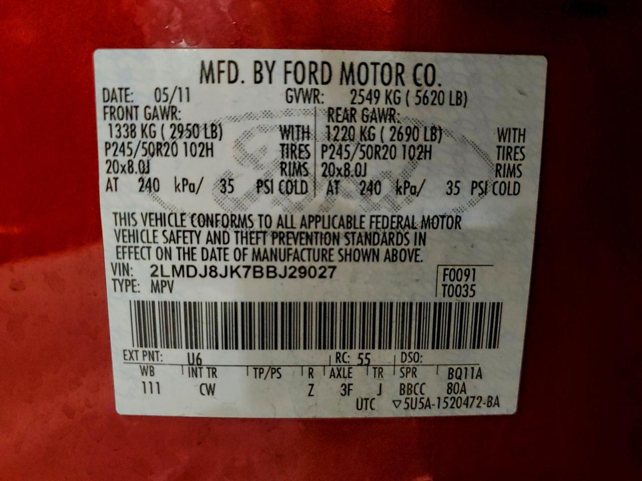 2011 Lincoln Mkx VIN: 2LMDJ8JK7BBJ29027 Lot: 93954025