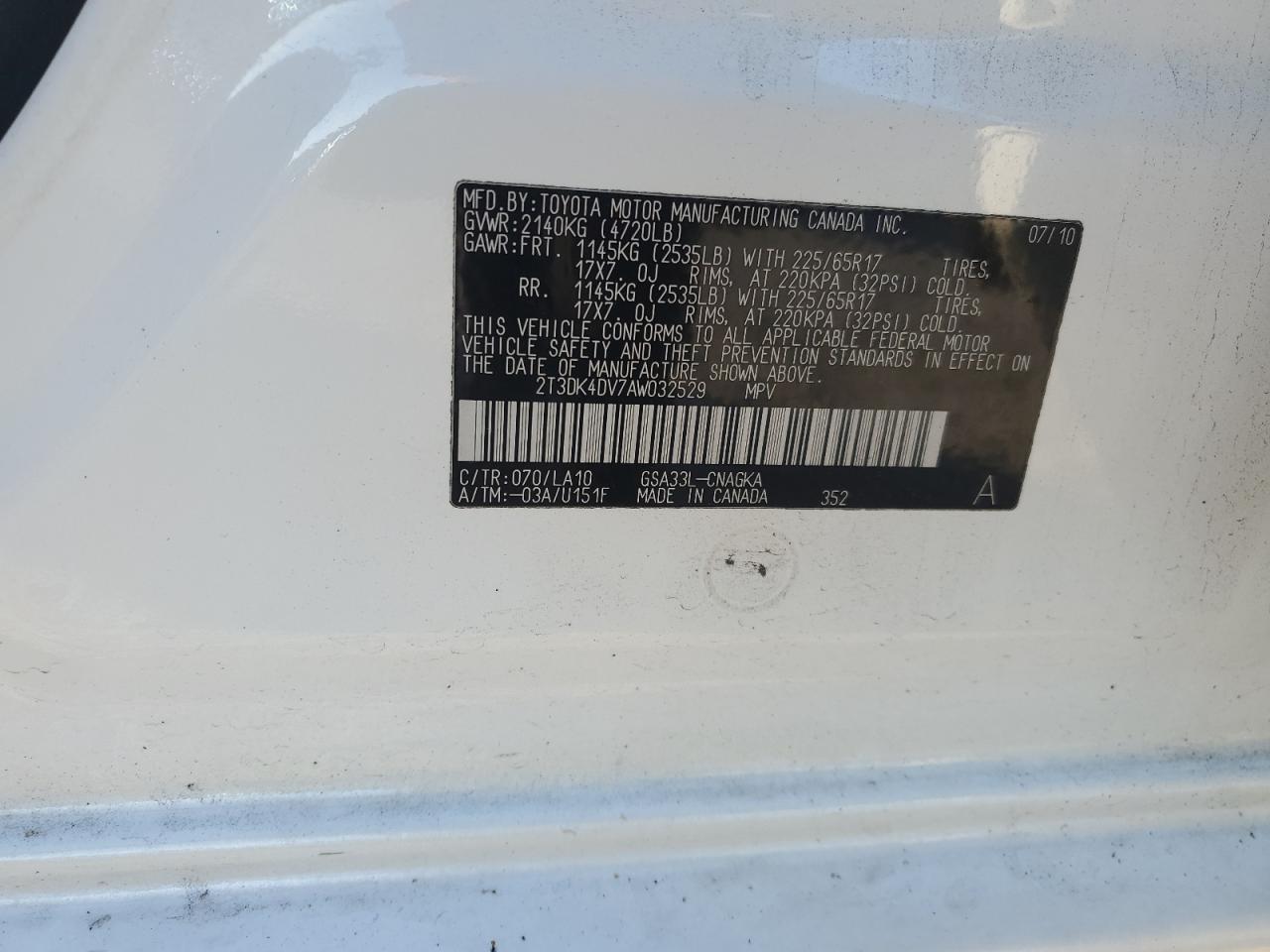 2010 Toyota Rav4 Limited VIN: 2T3DK4DV7AW032529 Lot: 92675555