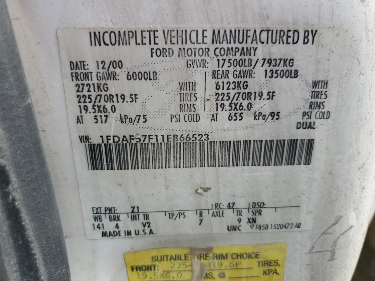 2001 Ford F550 Super Duty Bucket Truck VIN: 1FDAF57F11EB66523 Lot: 91594125