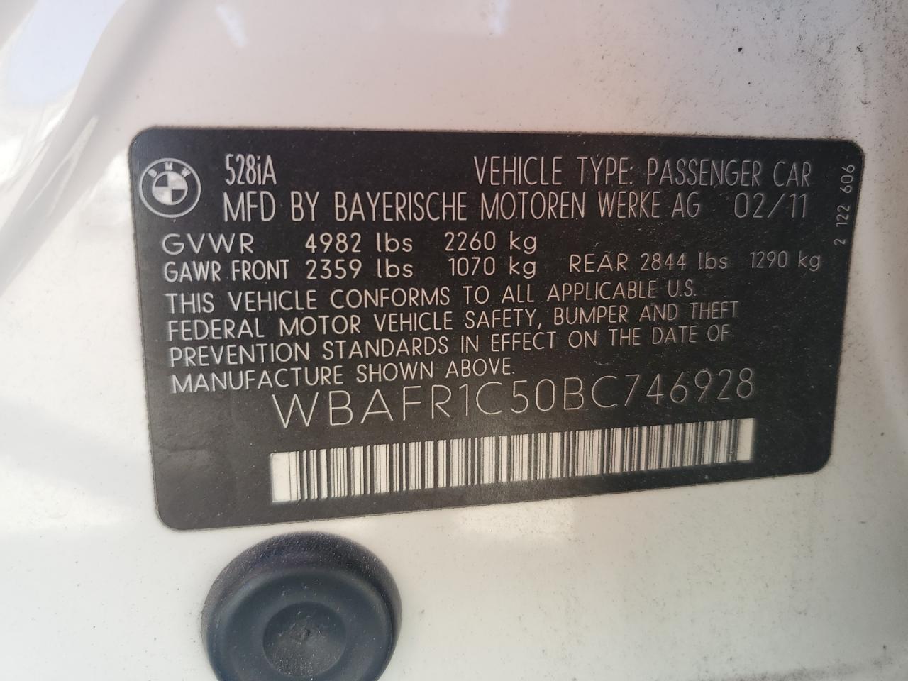 2011 BMW 528 I VIN: WBAFR1C50BC746928 Lot: 91057435