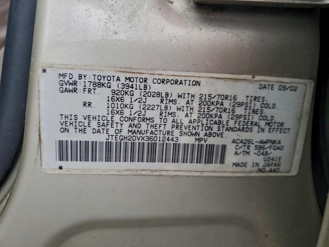 2003 Toyota Rav4 VIN: JTEGH20VX36012443 Lot: 93936125